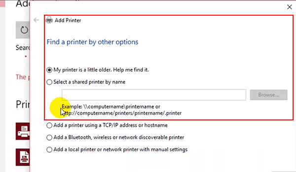 A computer screen showing the Add Printer option and other printer settings.