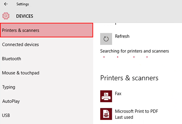 A computer screen showing the Printers and Scanners option in the Devices Settings