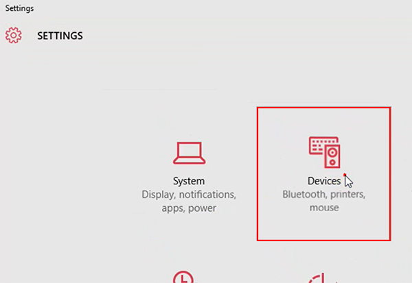 a computer screen highlighting the Devices tab in the Setting meny