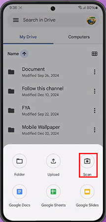 a phone screen showing the Scan option