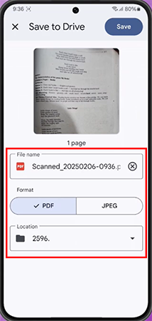 a phone screen showing the save settings for a scanned document