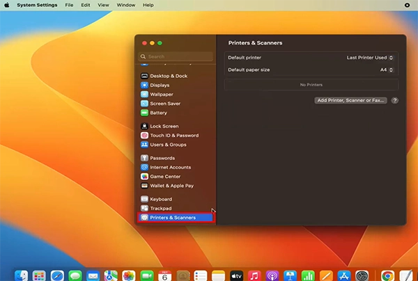an Apple screen highlighting Printers and Scanners in System Settings